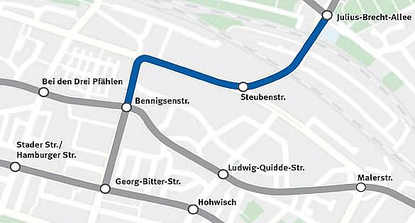 Geplante Querverbindung der Stra&szlig;enbahnlinien 1,2 und 10 an der Steubenstra&szlig;e