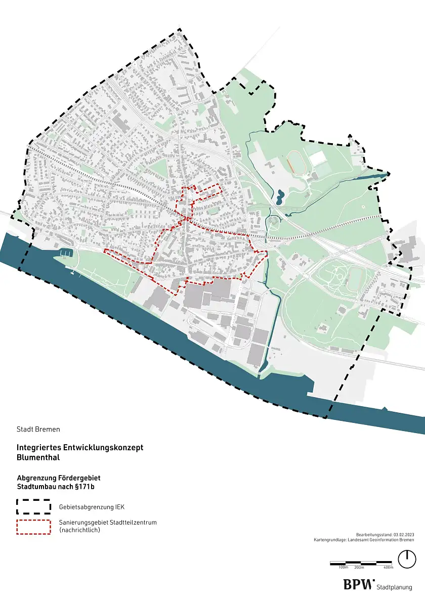 Stadtplan mit Darstellung der Grenzen des Sanierungsgebietes und des Fördergebietes