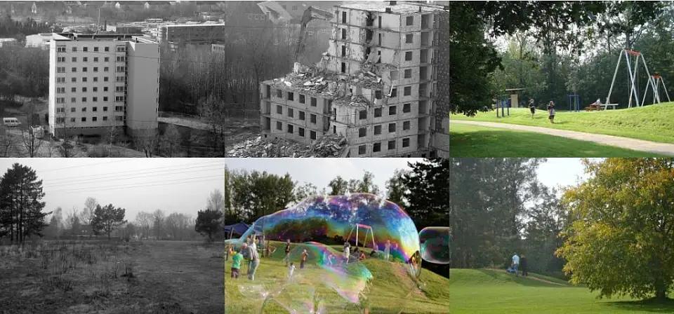 Fotocollage von Abbrucharbeiten und öffentlicher Grünfläche