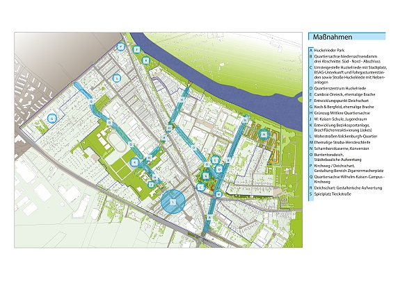 Hier wird abgebildet ein Plan der Einzelmaßnahmen im Sanierungsgebiet Huckelriede / Sielhof (Stand: 2023)
