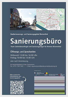 Das Bild zeigt ein Plakat mit dem Hinweis auf das Sanierungsbüro in Blumenthal