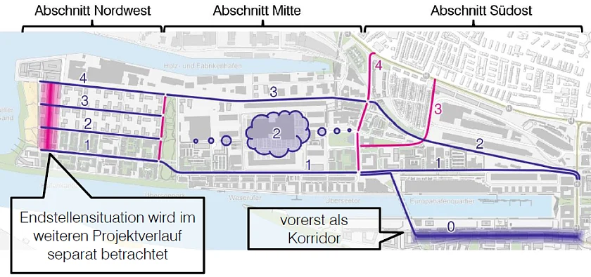 Darstellung des Plangebietes mit der Einteilung in die Abschnitte Nordwest, Mitte und Südost 