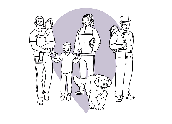 Eine Illustration mit einer Familie, einen Hund und einem Schornsteinfeger.