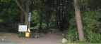 Das Foto zeigt einen zugewachsenen Weg in den Park; Zugang von der Umsteigestelle aus