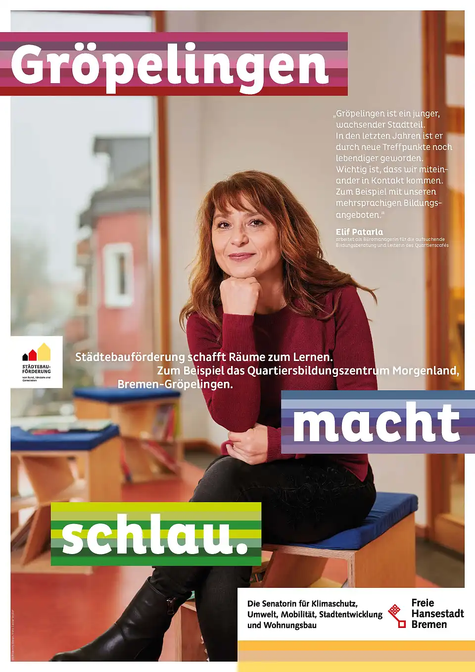 Ein farbiges Plakat mit einer Person, das kurz erl&auml;utert, was St&auml;dtebauf&ouml;rderungsmittel bewirken k&ouml;nnen.