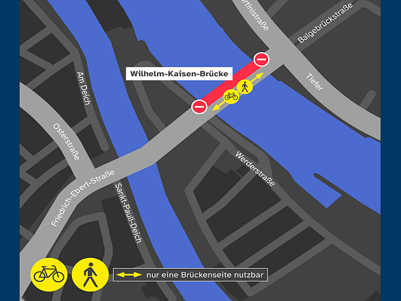 Grafik zeigt Übersicht der Umleitungen für Füßgänger:innen und Radfahrende