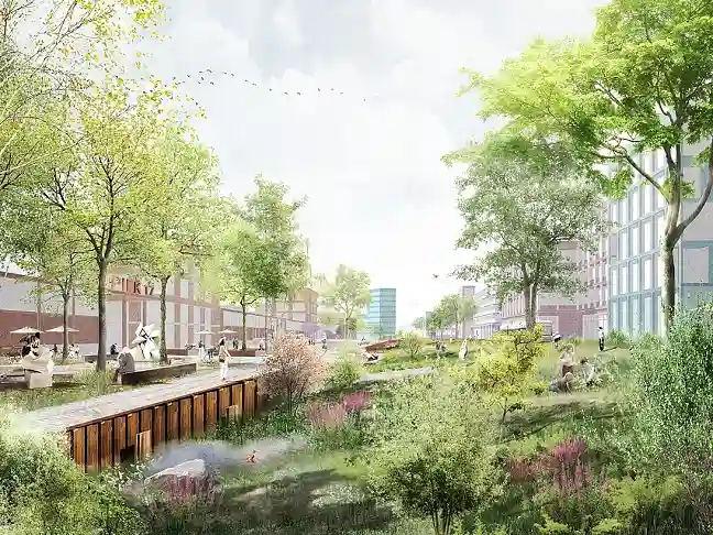 Das ehemalige Hafenbecken wird als Grünes Hafenbecken in den Hafenpark eingebunden. 