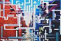 Dieses Bild enthält drei Darstellungen einer Straße. Diese Darstellungen werden überlagert mit verschiedenen Formen, die aus einem QR-Code stammen könnten. Diese sind weiß und blau und überschneiden sich. Die erste Darstellung ist deutlich, die zweite ist etwas verpixelt und die letzte Abbildung ist stark verpixelt.