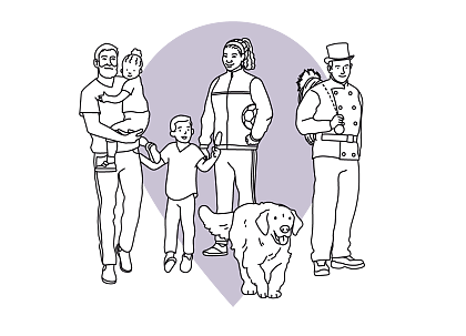 Eine Illustration mit einer Familie, einen Hund und einem Schornsteinfeger.
