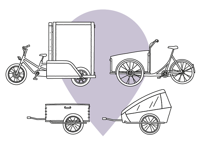 Eine Illustration von verschiedenen Modellen von Lastenrädern und Anhängern.